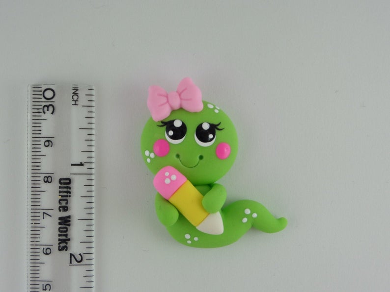 Fimo worm having a pencil, school themed clay, clay charm bead, clay pendant, cupcake topper, magnet, polymer clay worm, polymer clay figurine, diy worm , cute figurine