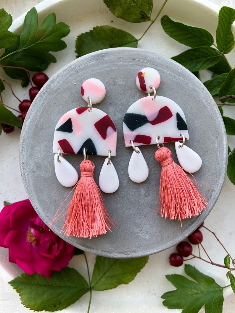 Pink mosaic tassel statement earrings oversized modern unique polymer clay earrings lightweight party autumn jewelry gift for women handmade