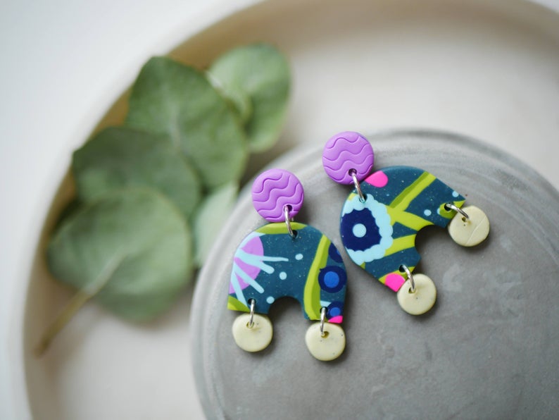 Quirky earrings, polymer clay earrings, abstract earrings, clay earrings, dangles, geometric earrings, statement earrings, party earrings, polymer clay mosaic earrings, polymer clay mosaic earrings