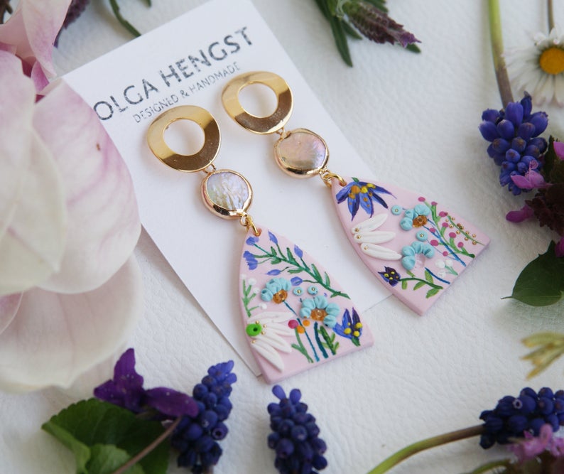 Polymer Clay Earrings, 18K gold plated Earring posts, Hand-painted Earrings, Dangle Earrings, Clay Statement Earrings, Floral Flowers