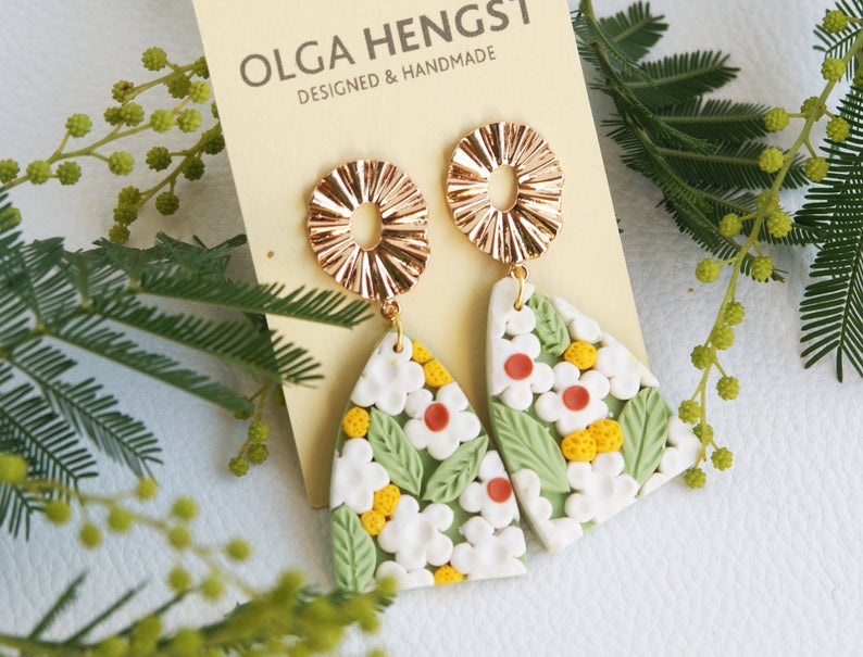 Polymer Clay Earrings Flowers Statement Earrings Clay Dangles Handmade Floral Design 18K gold plated Earring posts backs 18k gold plated earrings