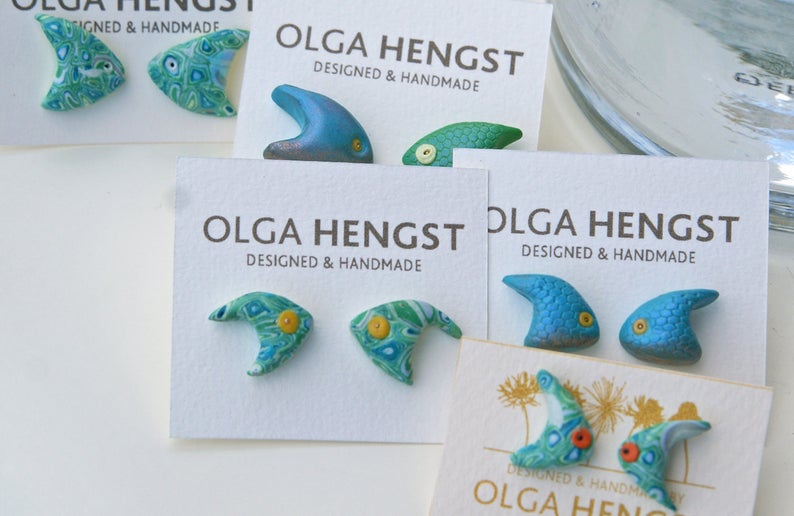 Stud Earrings reef Fish polymer clay jewelry artisan earrings sea jewelry sea earrings turquoise