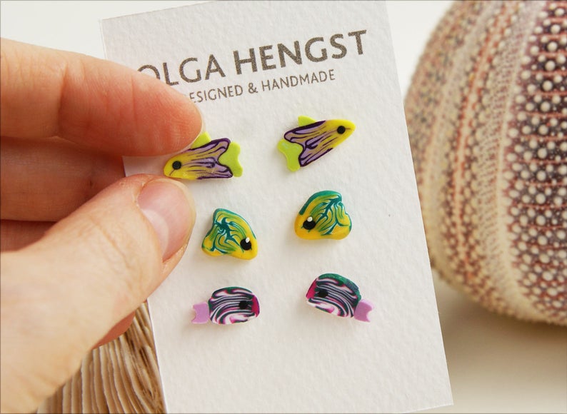 polymer clay earrings stud pack Tropical fish miniature colourful fish miniature handmade Jewellery gift Valentines day gift for her