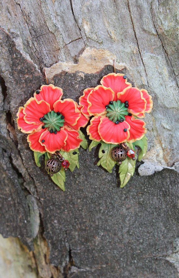 Polymer clay poppy flowers inspired jewelry