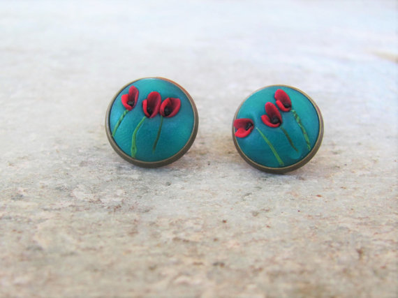 Polymer clay poppy flowers inspired jewelry