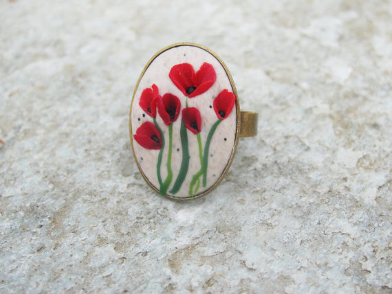 fimo/ polymer clay poppy flower ring - jewelry
