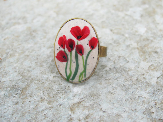 Polymer clay poppy flowers inspired jewelry