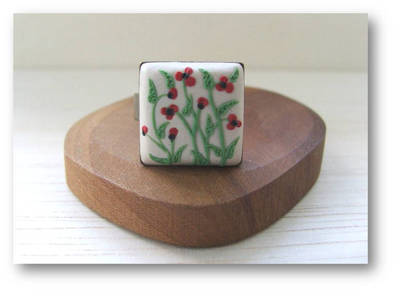 fimo poppy ring - polymer clay flower jewelry