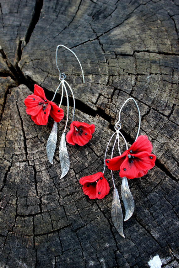 Polymer clay poppy flowers inspired jewelry