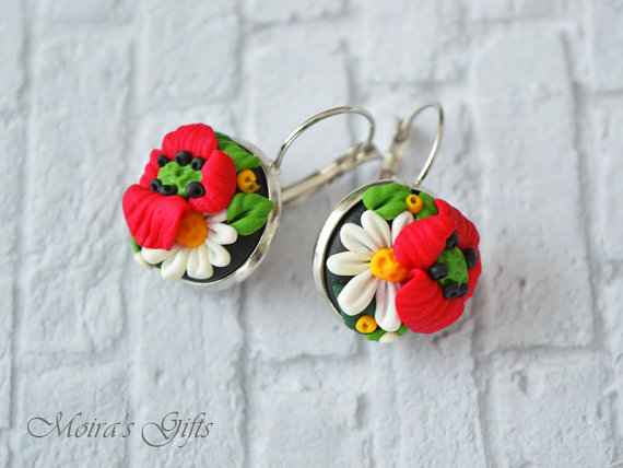 Polymer clay poppy flowers inspired jewelry