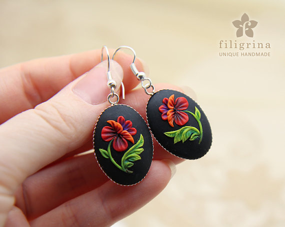 Polymer clay poppy flowers inspired jewelry