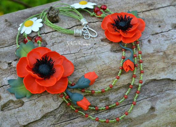 Polymer clay poppy flowers inspired jewelry