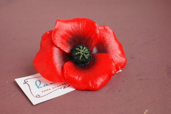 fimo poppy broch - polymer clay jewlery - handmade flower