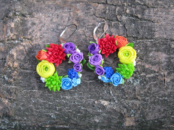 Rainbow flower jewelry Chakra jewelry Rainbow earrings Colorful jewelry Round earrings Hoop earrings Polymer clay earrings Bright jewelry