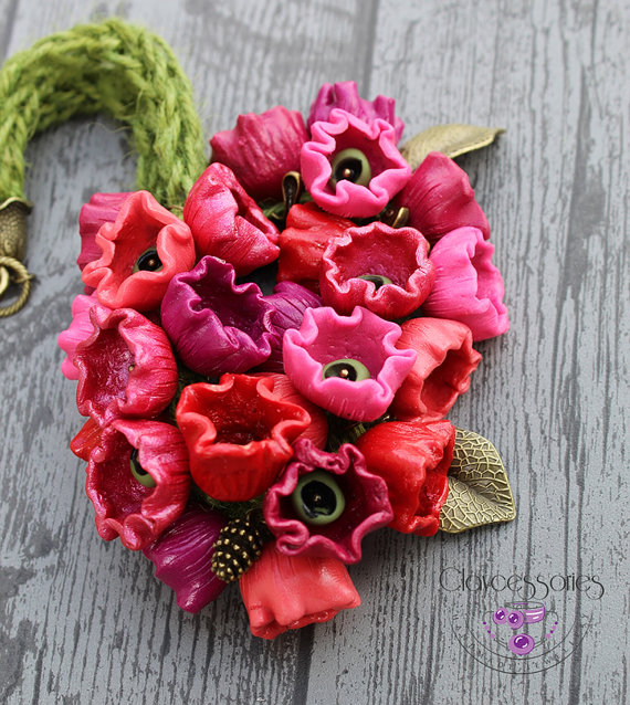 Polymer clay poppy flowers inspired jewelry