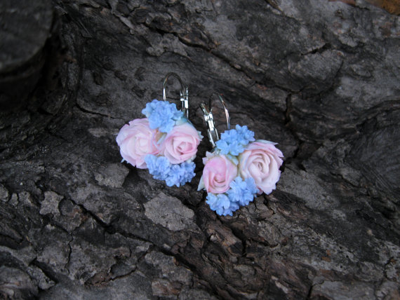 Pink and blue earrings for wedding jewelry Delicate jewelry Bridal jewelry Bridal earrings Rose jewelry Gift-for-daughter Gift-for-her