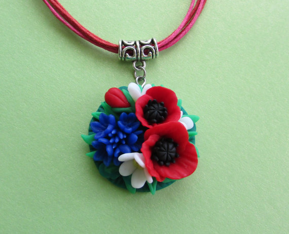 fimo poppy pendant Polymer clay poppy flowers inspired jewelry