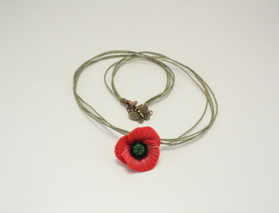 fimo poppy pendant - polymer clay flower jewelry