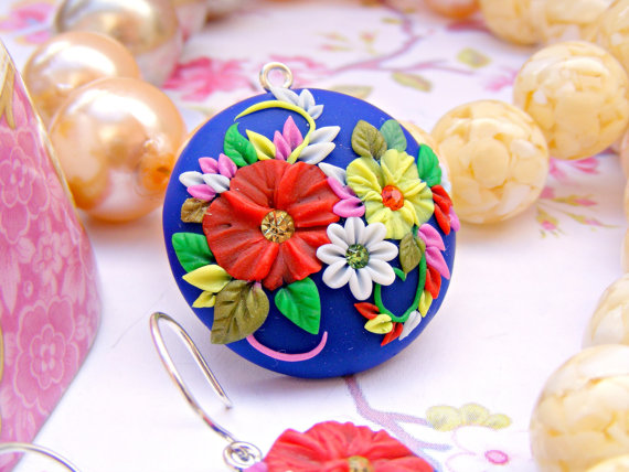 Polymer clay poppy flowers inspired jewelry