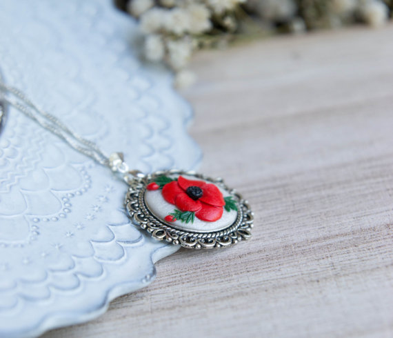 polymer clay flower jewelry fimo poppy pendant