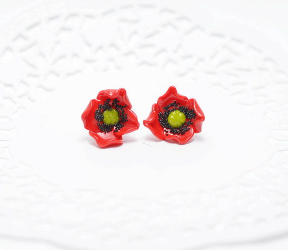 Polymer clay poppy flowers inspired jewelry