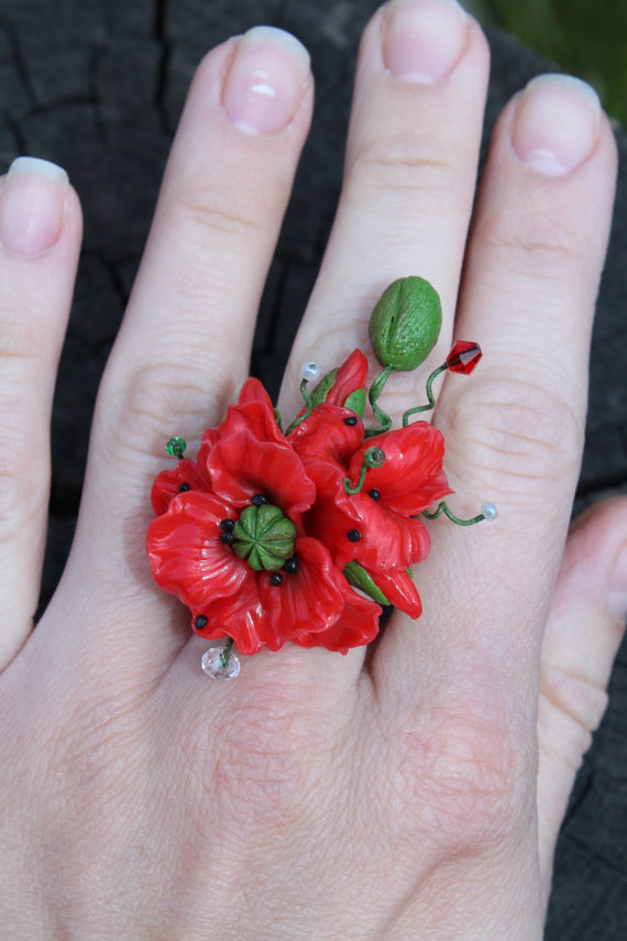 Polymer clay poppy flowers inspired jewelry