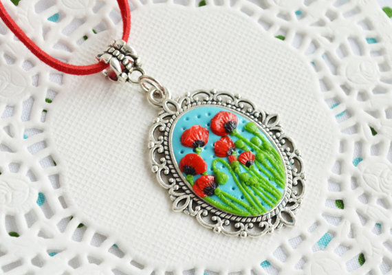 polymer clay flower jewelry fimo poppy pendant