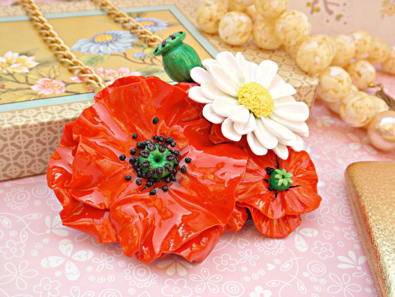 Polymer clay poppy flowers inspired jewelry