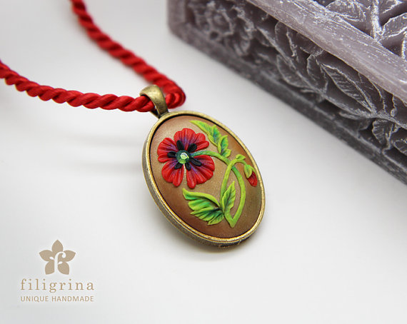 polymer clay flower jewelry fimo poppy pendant