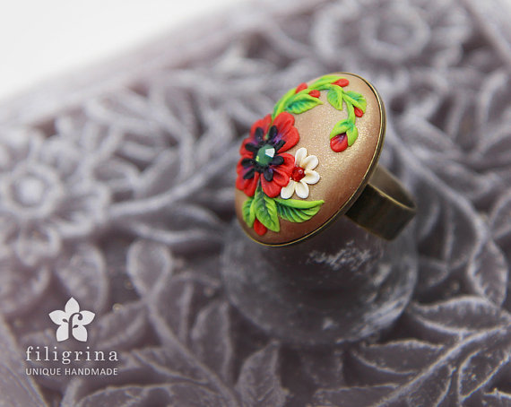 Polymer clay poppy flowers inspired jewelry