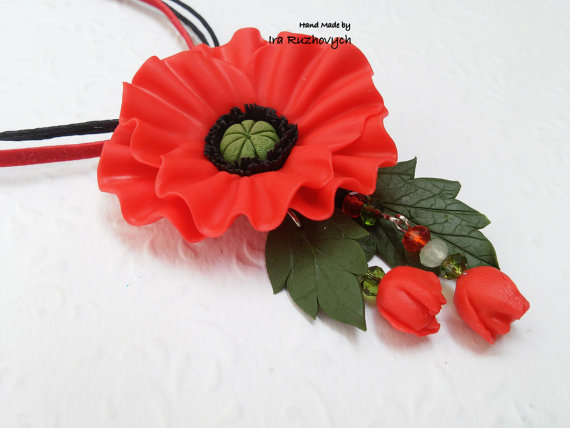 polymer clay flower jewelry fimo poppy pendant