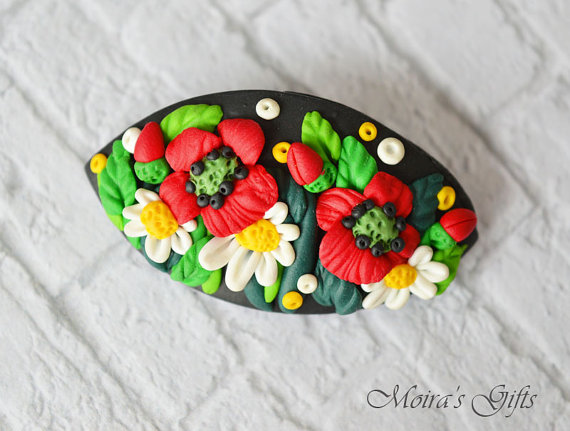 fimo poppy broch Polymer clay poppy flowers inspired jewelry