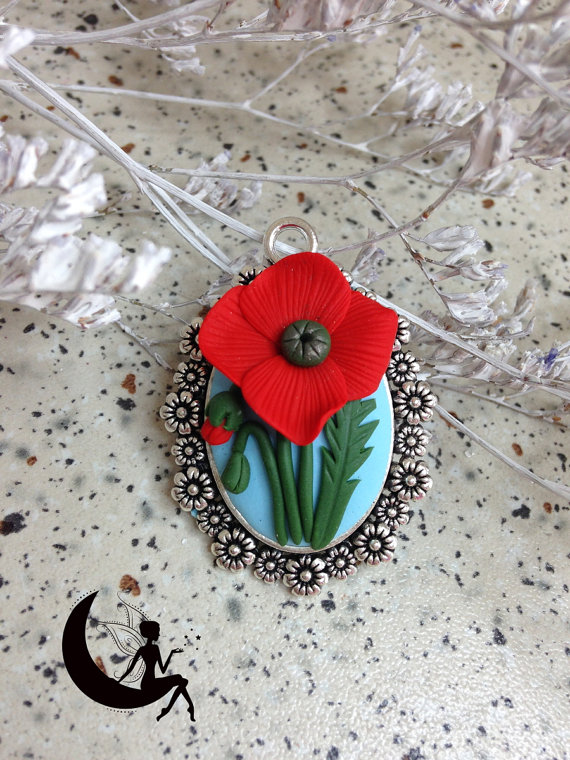 fimo/ polymer clay poppy flower pendant - jewelry