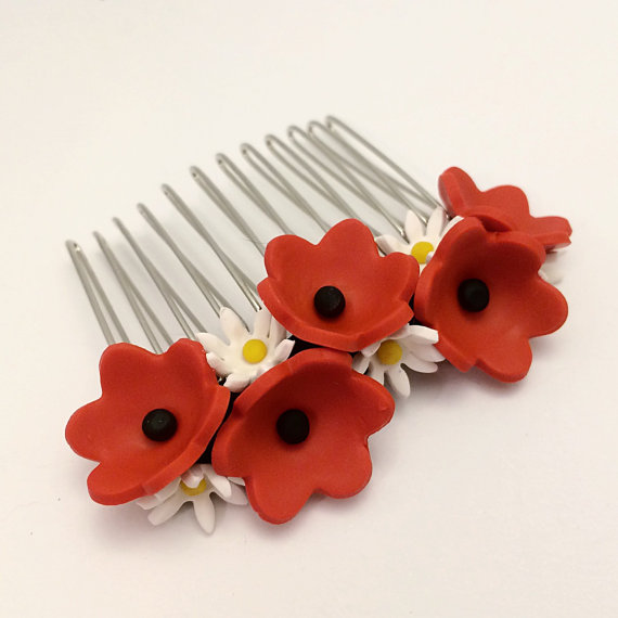 fimo poppy flower hair comb