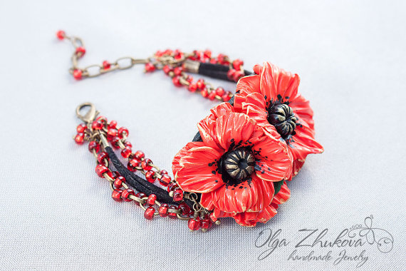 Polymer clay poppy flowers inspired jewelry