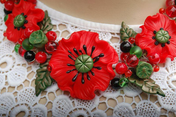 Polymer clay poppy flowers inspired jewelry