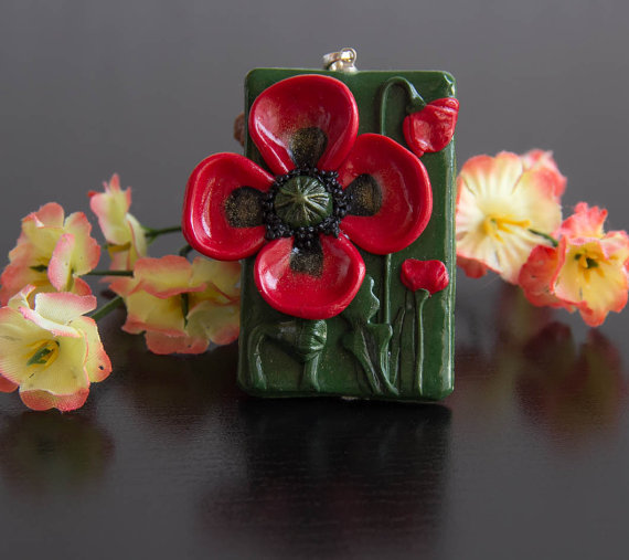 polymer clay flower jewelry fimo poppy pendant