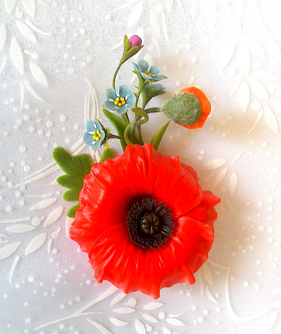 fimo poppy broch - polymer clay flower jewelry - handmade gift for women - amazing design