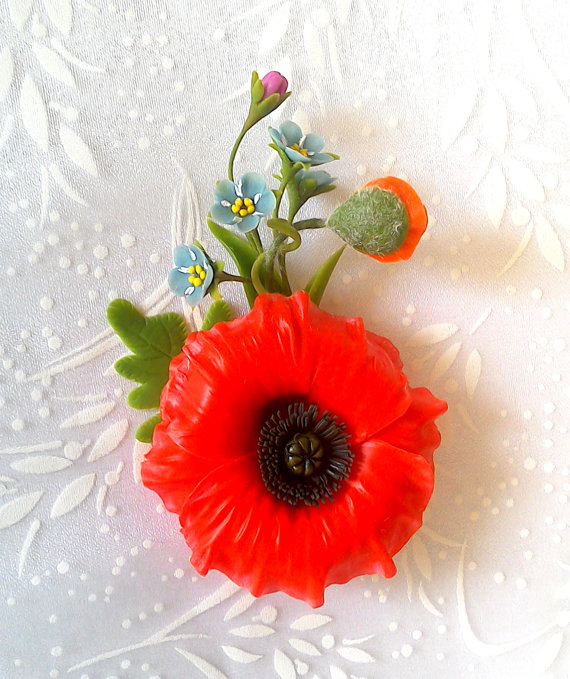 Polymer clay poppy flowers inspired jewelry