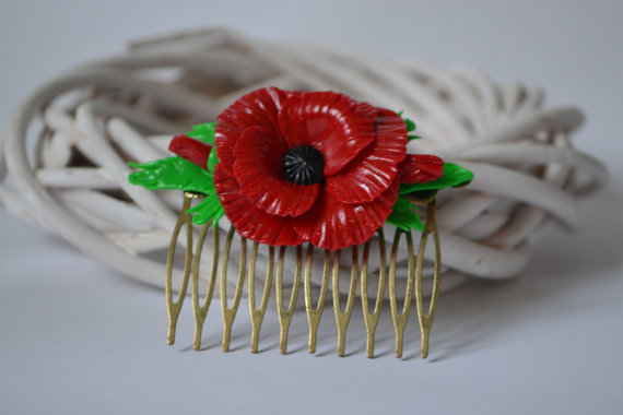 fimo poppy flower hair comb