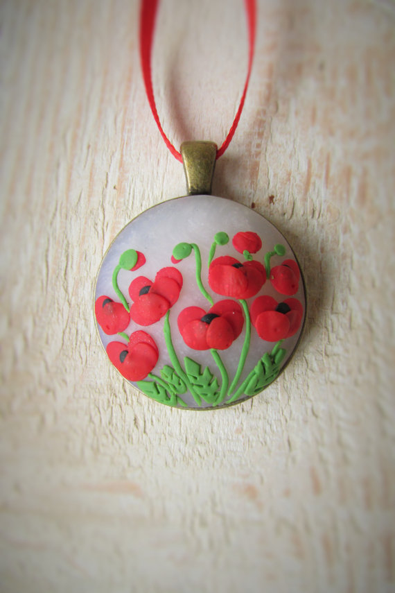 polymer clay flower jewelry fimo poppy pendant