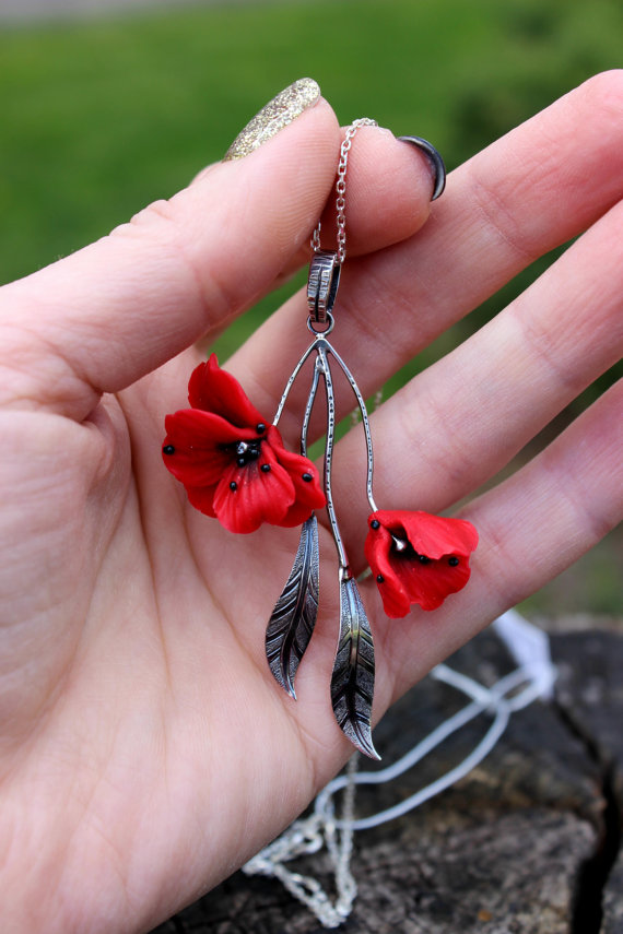  fimo poppy pendant - polymer clay poppy flower jewelry