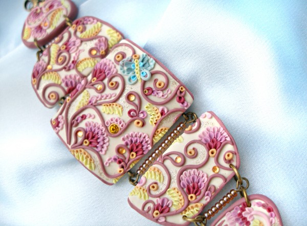 Polymer clay embroidery bracelet