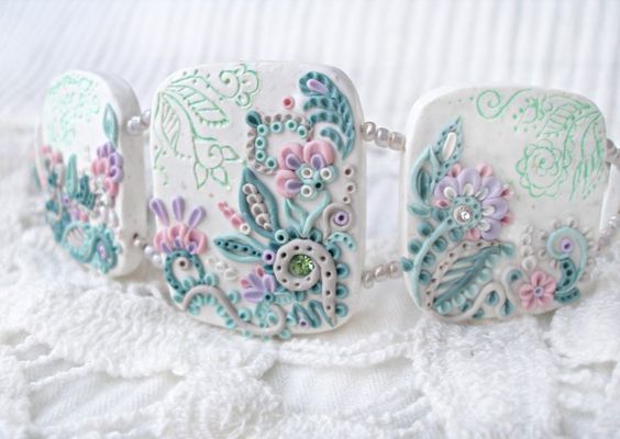 Polymer clay embroidery bracelet