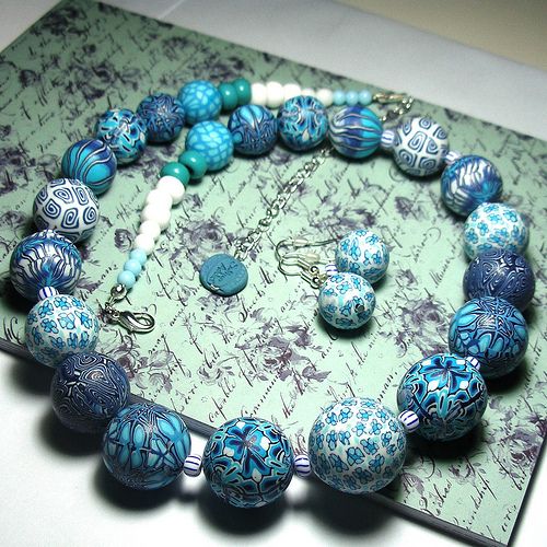 polymer clay blue beads fimo handmade