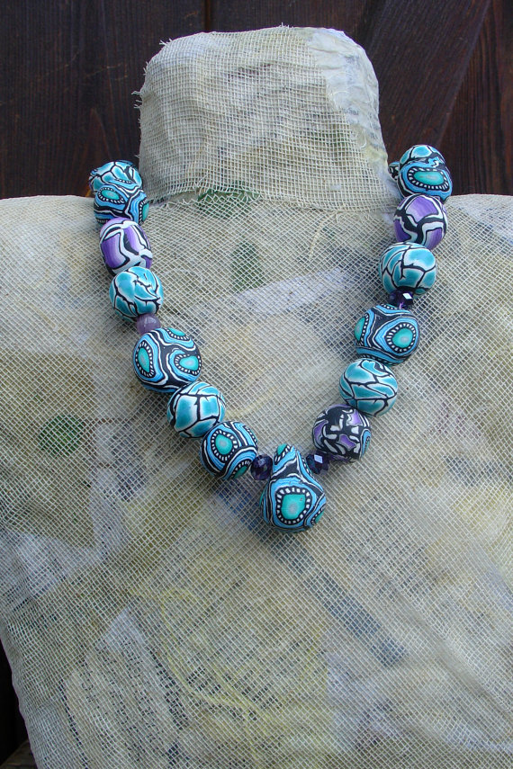 polymer clay blue beads fimo handmade