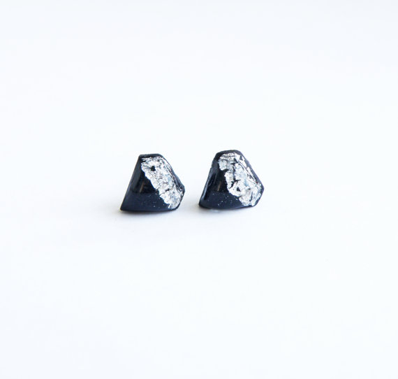 fimo/polymer clay silver leaf stud earrings