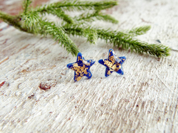 fimo/polymer clay gold leaf blue star stud earrings