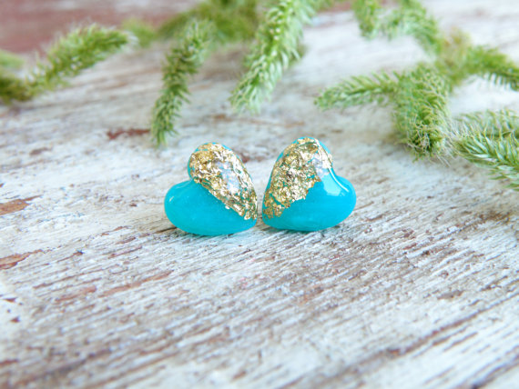 fimo/polymer clay gold leaf light blue heart small stud earrings