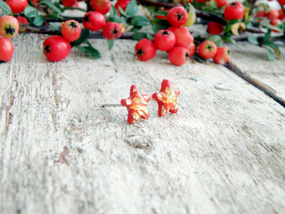 red fimo/polymer clay gold leaf star stud earrings